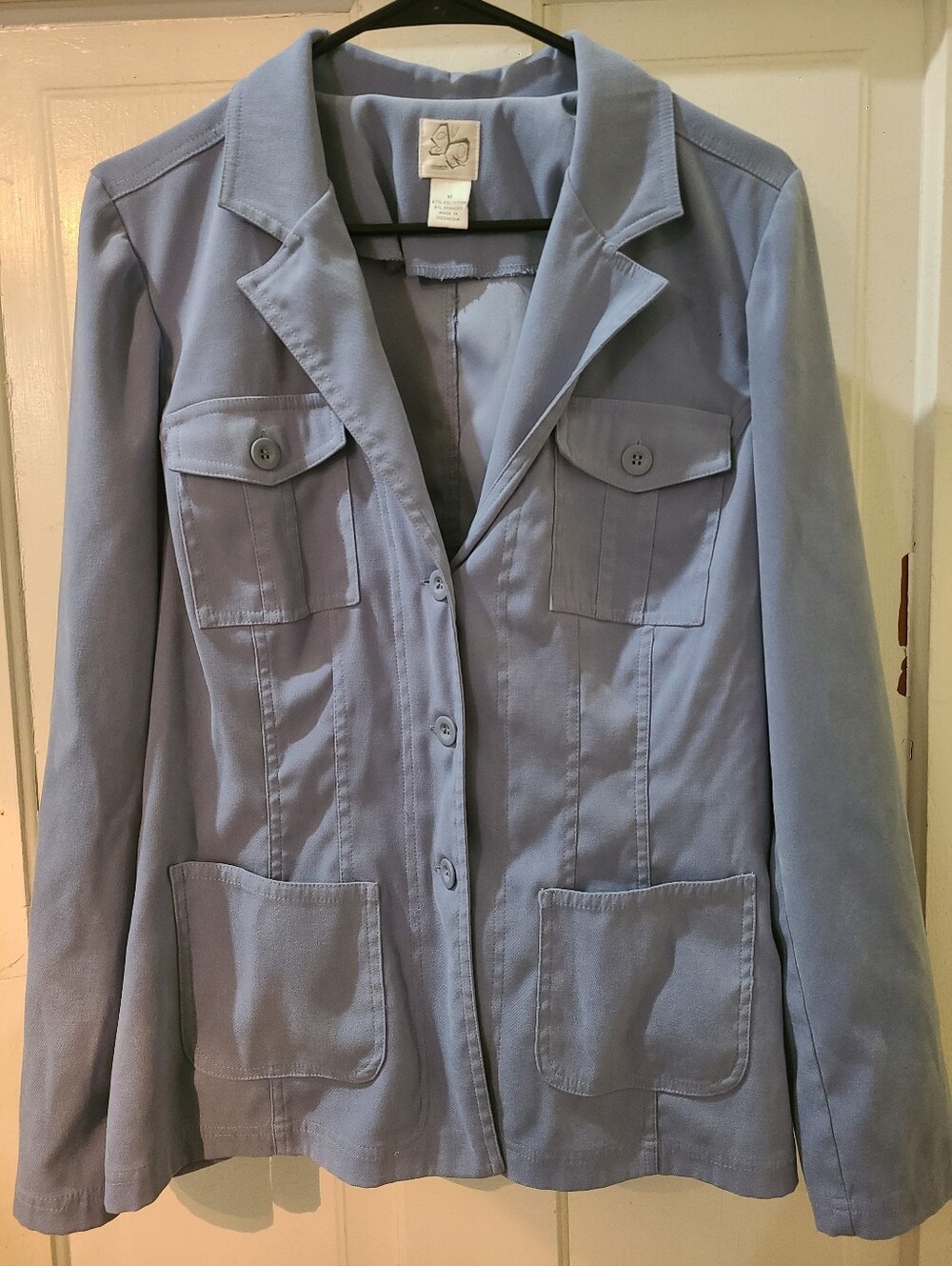 Women's medium suede-feel blue button up structured jacket blazer w/pockets